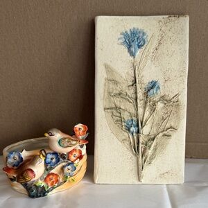 VTG Ceramic Wall Plaque "Bachelor's Button" and Ceramic Bird and Floral Planter
